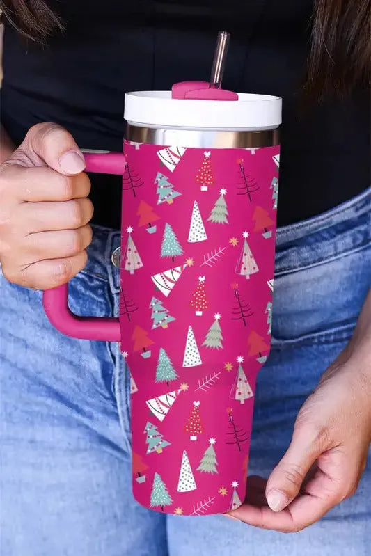 Black Cartoon Christmas Tree Printed Thermos Cup