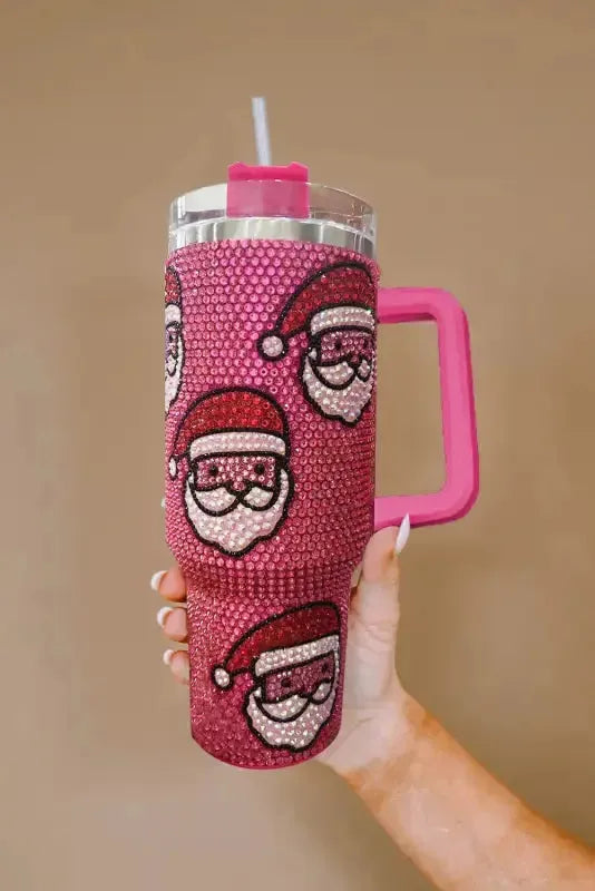 Rose Red Christmas Santa Claus Diamond Thermos Cup with Straw